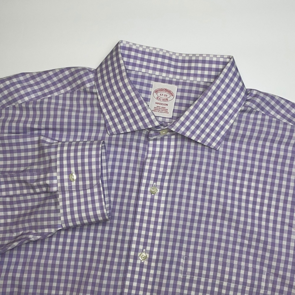 Brooks Brothers Madison Dress Shirt 17-33 Purple Gingham Supima Cotton Non Iron